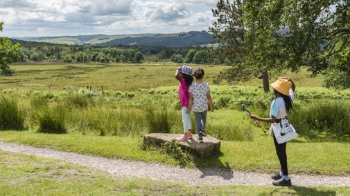 Two children wearing sun hats standing on a small rock next to a path looking out over the countryside with another child standing on a path next to them.
